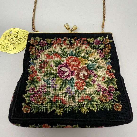 Petit-Point‎ Handbag Needlepoint Tapestry Framed Kiss Lock Floral Vintage Retro - Picture 1 of 16